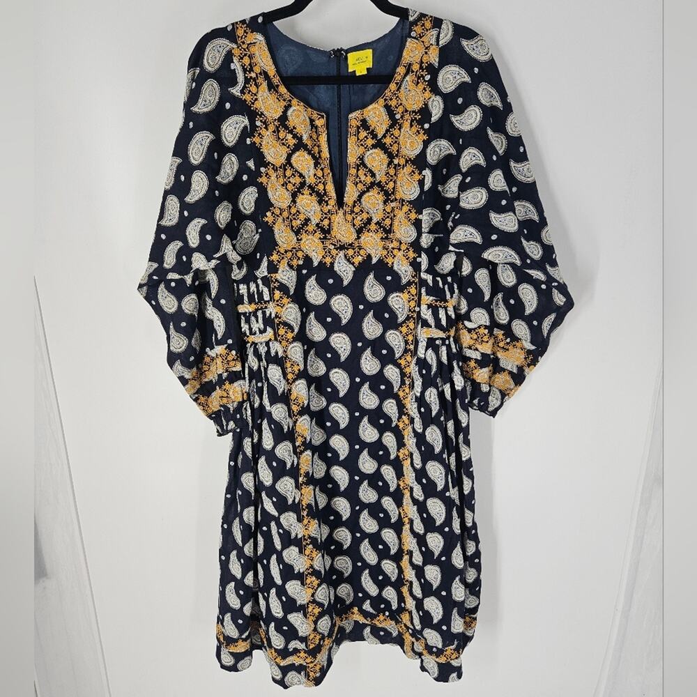 Roller Rabbit Navy Paisley Yellow Embroidered Long Sleeve Midi Dress S